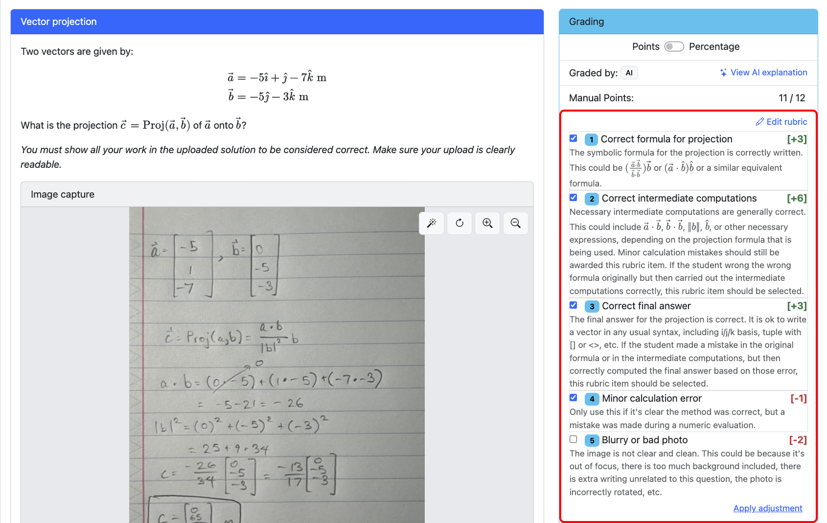 AI-generated grading shown as selected rubric items with point values.