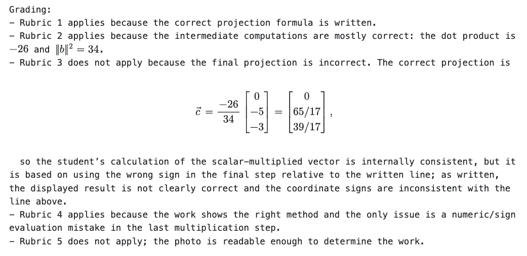 AI grading explanation describing the model's reasoning.