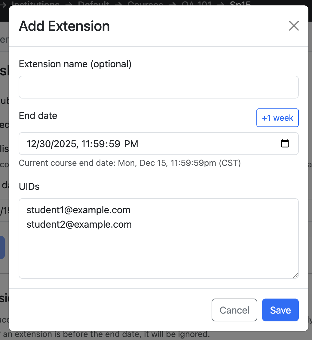 Modal adding an extension for the students in the sample configuration