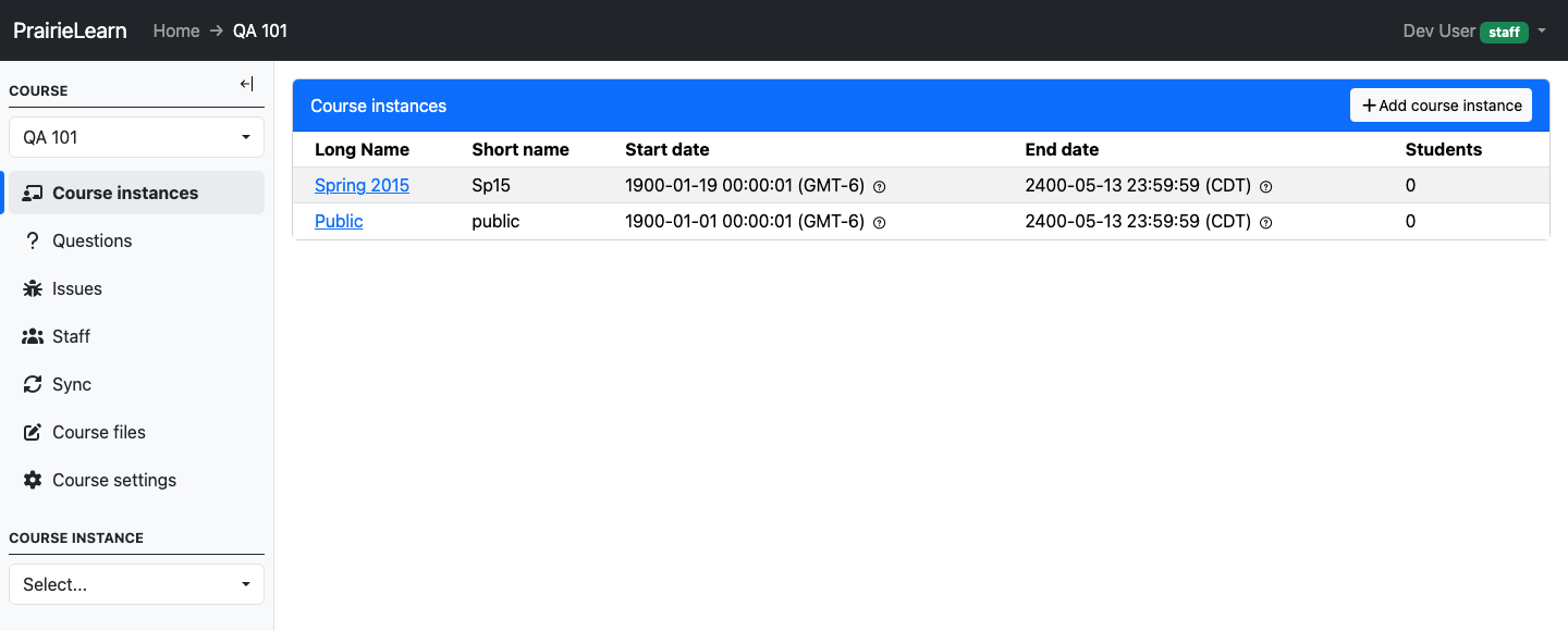 Course landing page showing the Course instances tab and sidebar