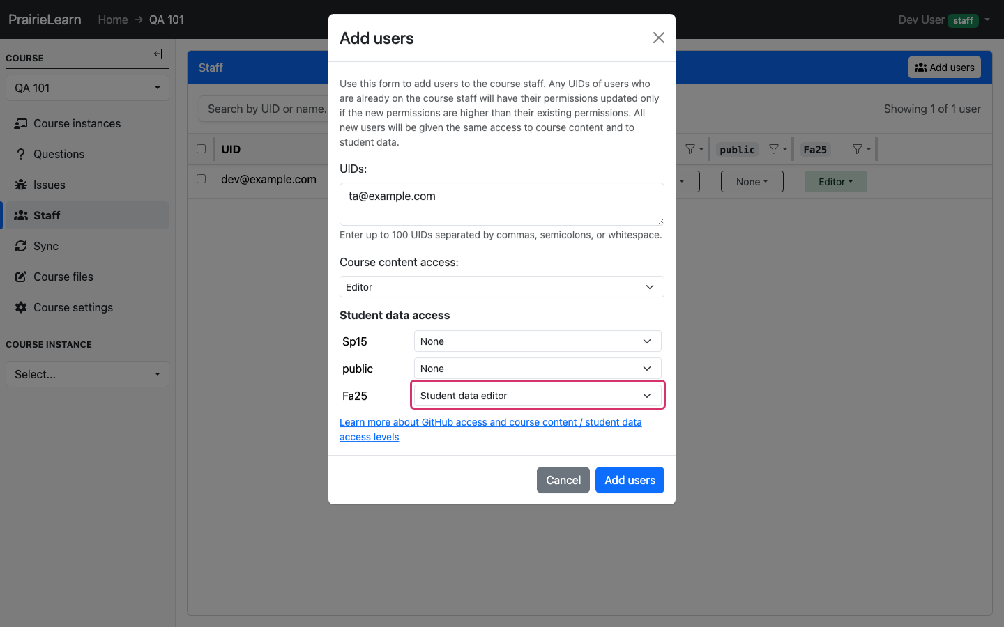 Staff page with Add users button