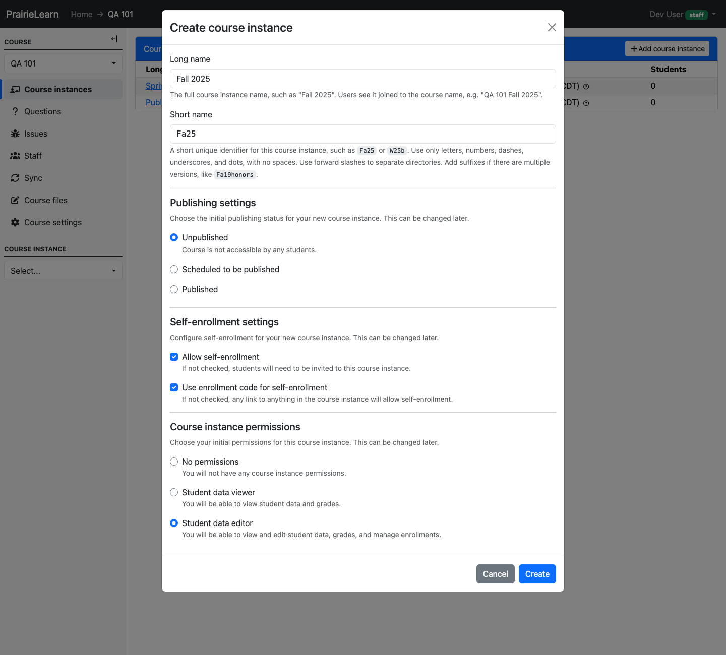 Create course instance dialog