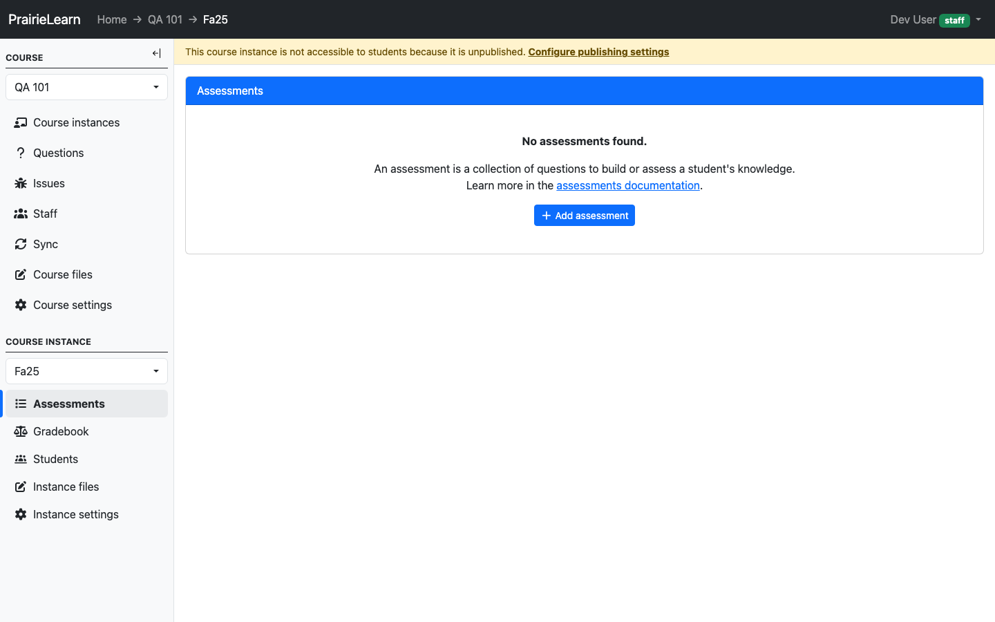 Assessments list with Add assessment button