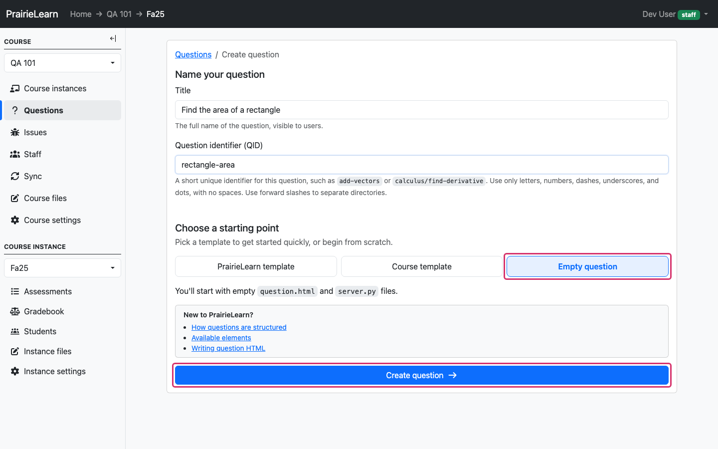 Add question form with template tabs and a list of basic question templates