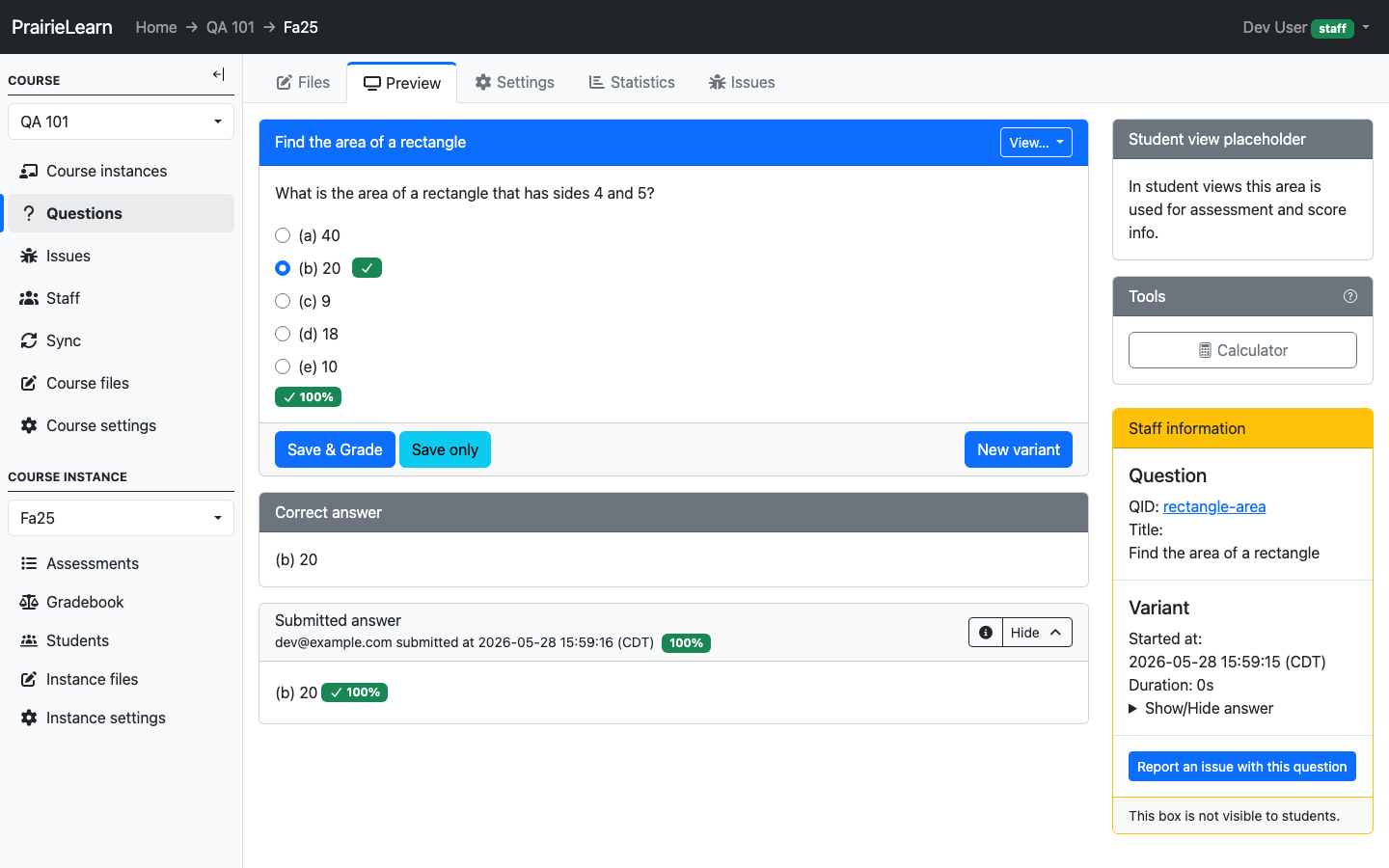 Question preview after answering 20 and clicking Save & Grade; the submission panel shows a Correct! badge and the staff information sidebar is visible