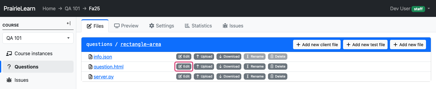 Files tab for a question showing README.md, info.json, question.html, server.py