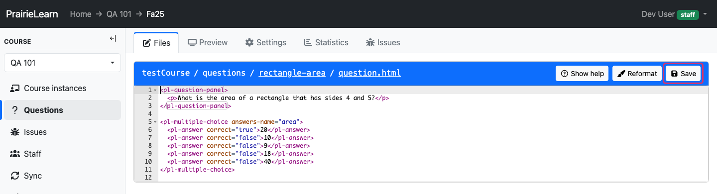 Browser file editor for question.html with syntax highlighting and a Save button