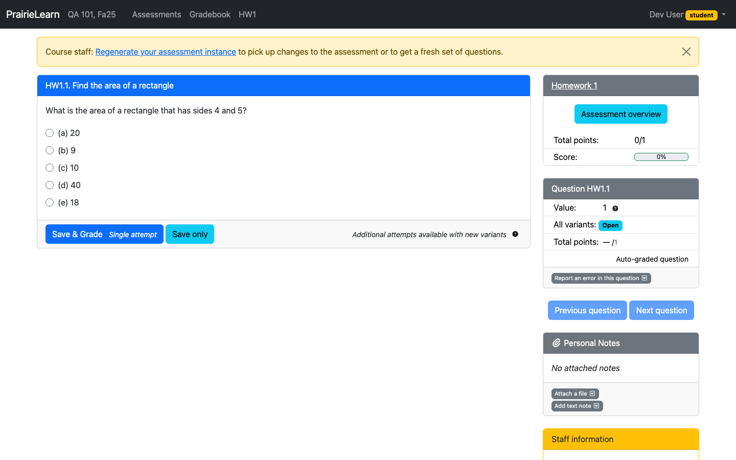 Student view of a single question with Save & Grade and Save only buttons