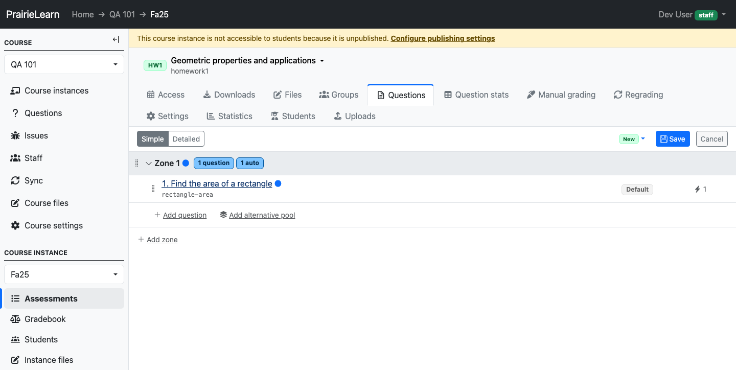 Assessment Questions tab in edit mode with rectangle-area in the zone