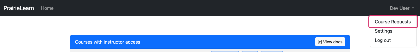 User menu showing the Course Requests link